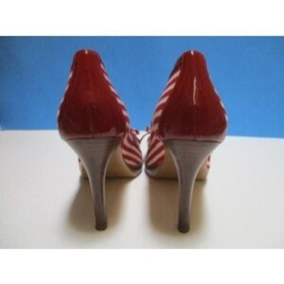 *Sergio Zelcer Vintage Red and White Striped Fabric Patent Peep Toe Pumps - Picture 5 of 10